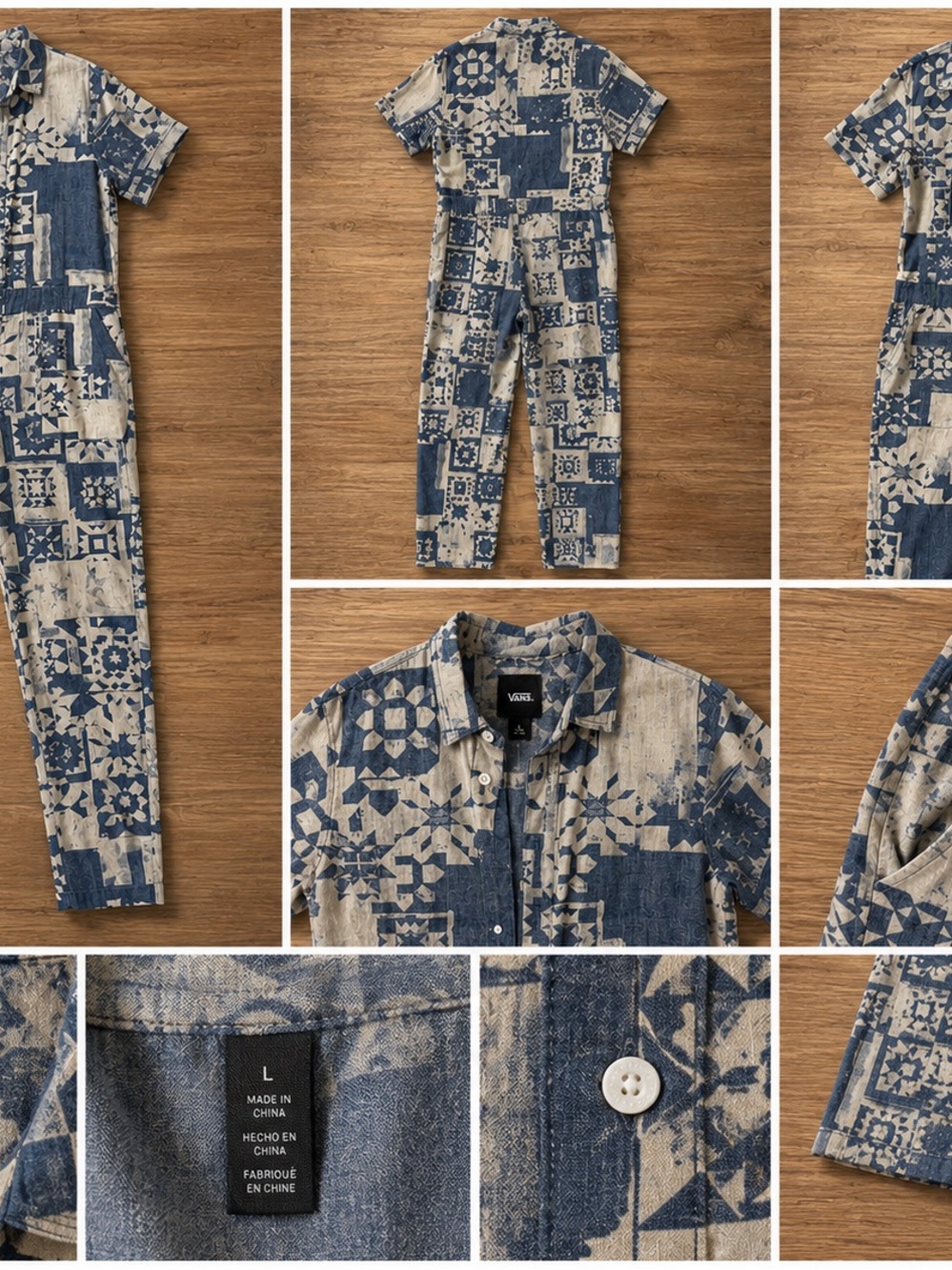 Vans Women’s Printed Short-Sleeve Jumpsuit - Blue & Beige Size L - Picture 2 of 3